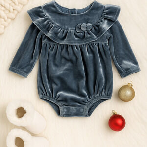 Mud Pie	Blue Velvet Baby Romper | Long Sleeve Ruffle One Piece | NWT | Size 3-6M